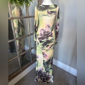 ASOS Design Long Sleeve Mesh Maxi Dress w/ Tied Back in Green Floral - Size US 8